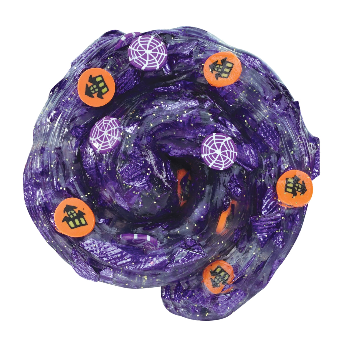 Purple toy with Halloween-themed stickers on a white background