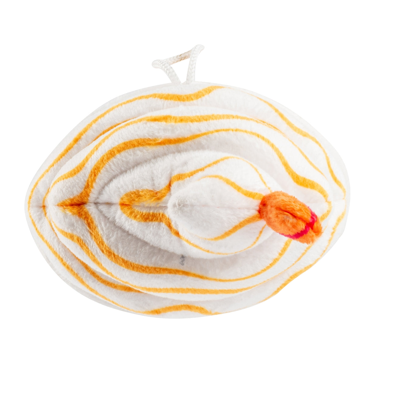 White and orange yarn ball with a red flower on a white background