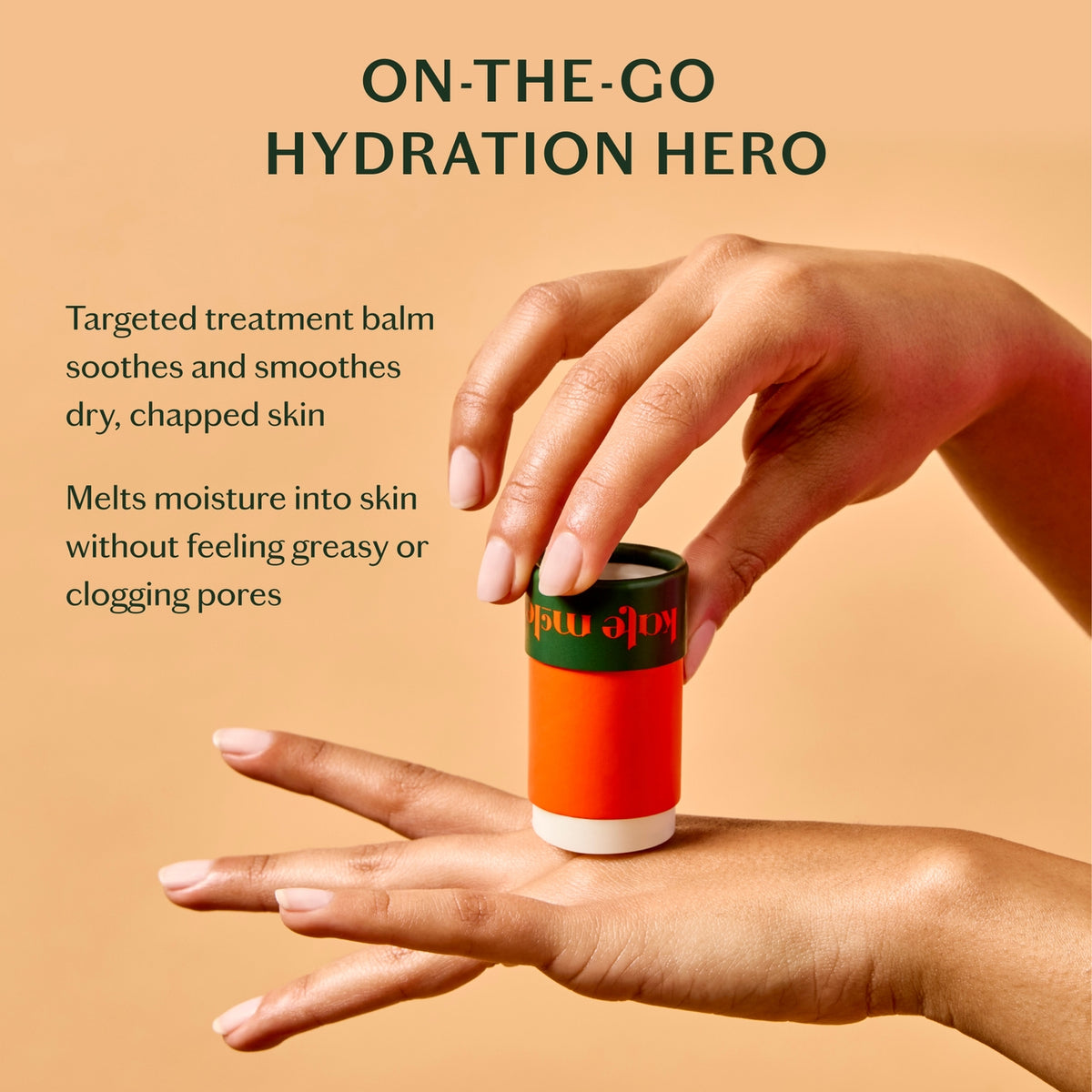 Hand holding a small cylindrical container with text about hydration and skin care on a beige background