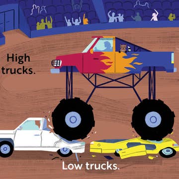 Illustration of two trucks labeled 'High trucks.' and 'Low trucks.' with a race track in the background.