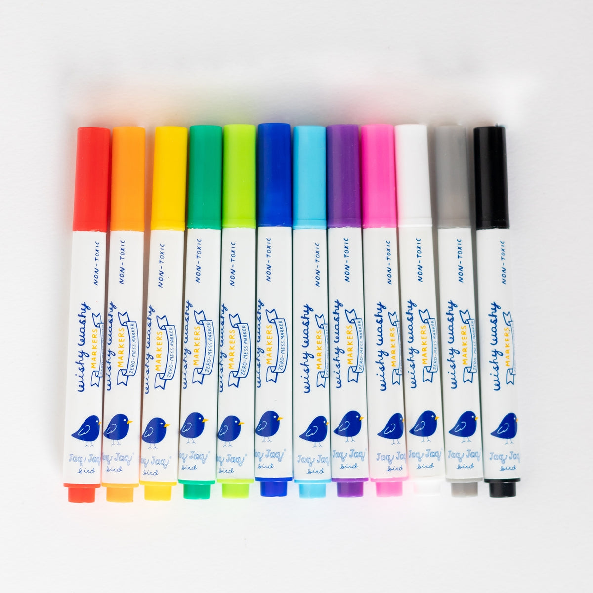 A set of ten Wicky Wicky brand fine-tip marker pens arranged in a row on a white background, showing a variety of cap colors including red, orange, yellow, green, blue, purple, pink, white, and black.