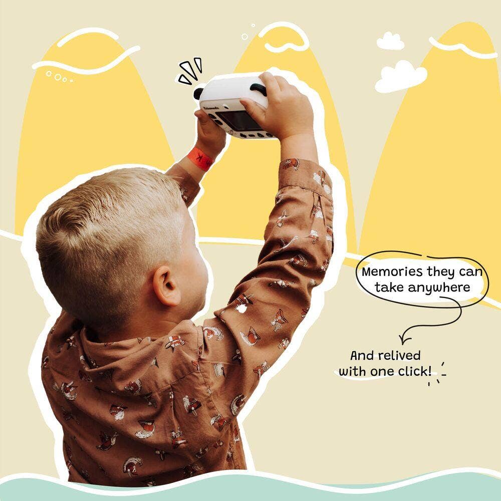 Child holding a camera with text about capturing memories