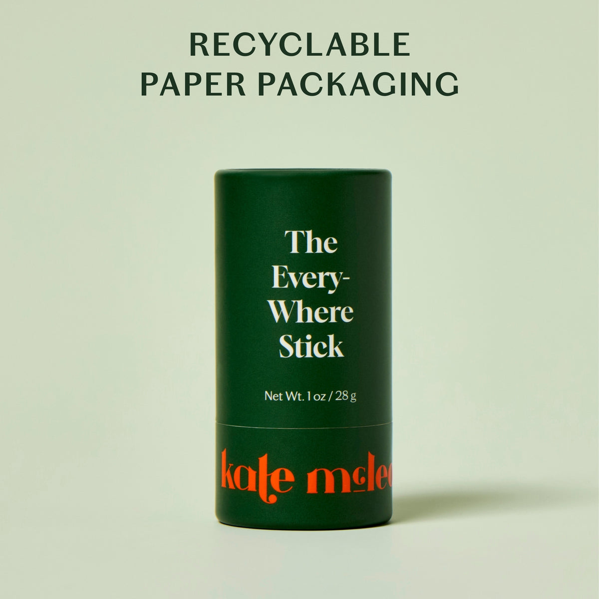 Green cylindrical container with 'The Everywhere Stick' text and 'kate mclean' branding on a light green background.