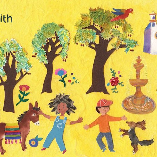 A colorful illustration from the book A Walk In The Forest showing a landscape with oak trees bearing acorns, a fountain, a building, two children walking with a horse and a dog, accompanied by the text: "6 Oaks with acorns."
