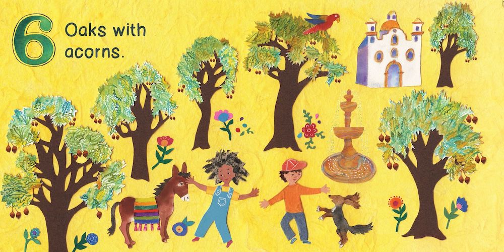 A colorful illustration from the book A Walk In The Forest showing a landscape with oak trees bearing acorns, a fountain, a building, two children walking with a horse and a dog, accompanied by the text: "6 Oaks with acorns."