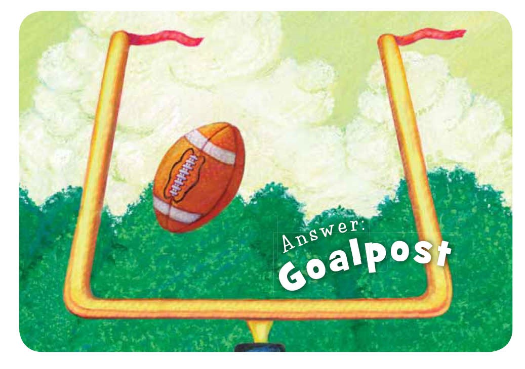 Illustration of a football and goalposts on a green field with clouds in the background.