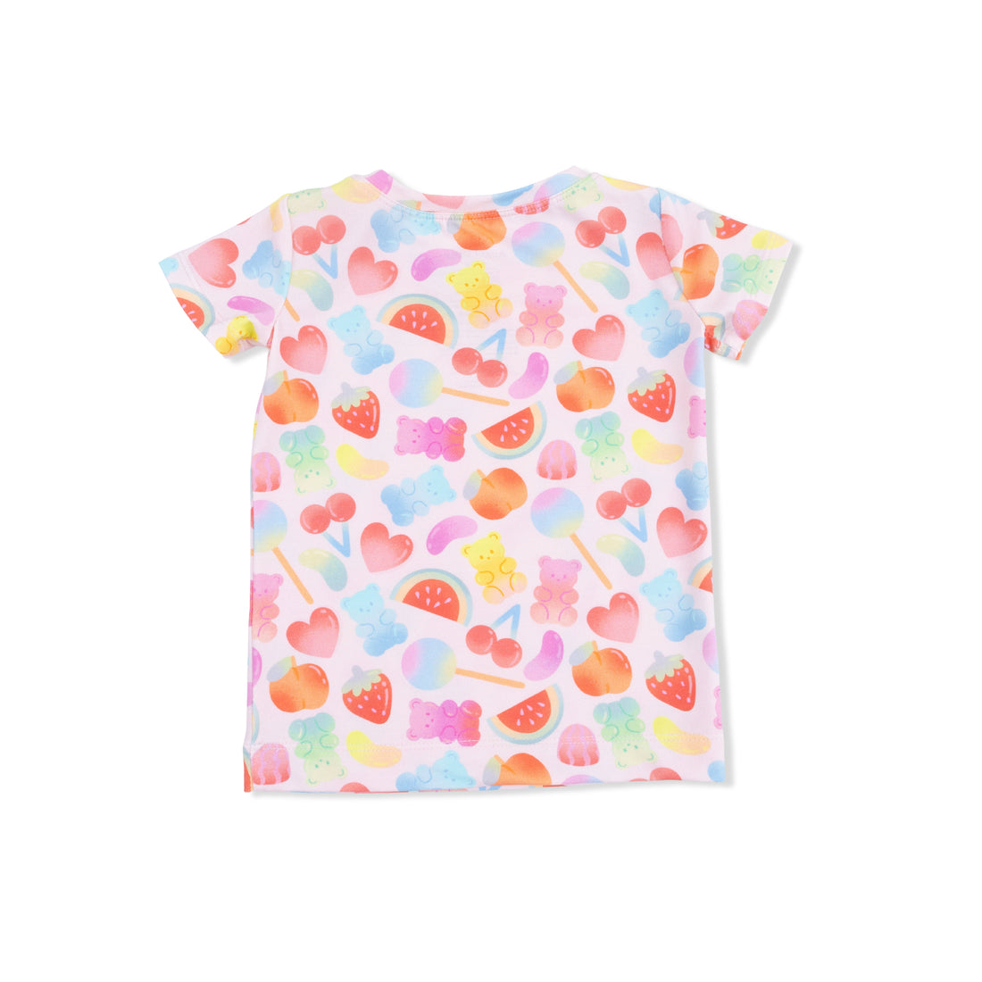 Colorful t-shirt with candy-themed design on a white background