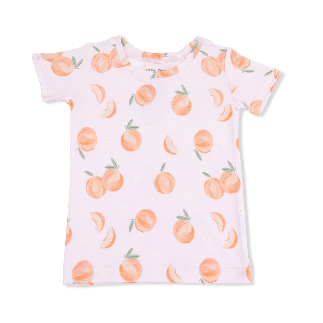 White t-shirt with peach pattern on a white background