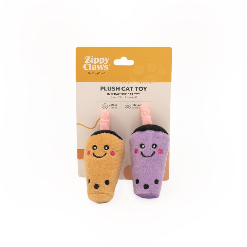 Plush cat toy with packaging labeled 'Zippy Claws' on a white background