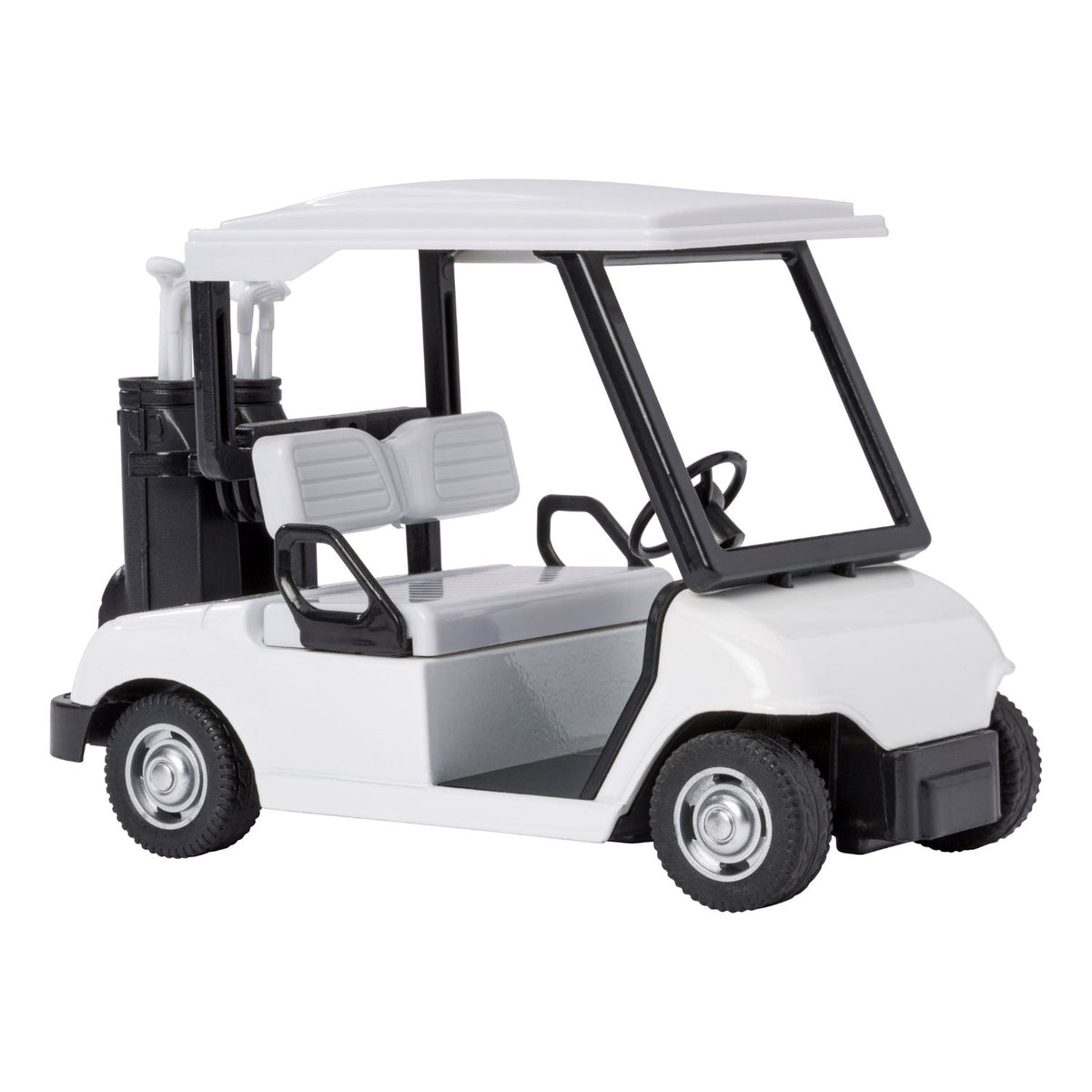 Model of a white golf cart with black accents on a white background