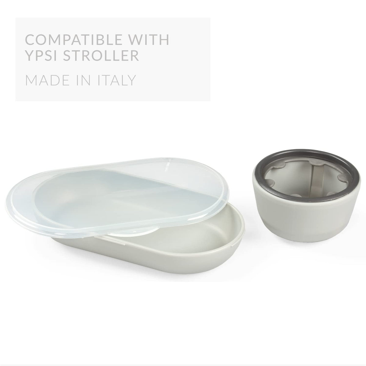 Two white containers with lids on a white background, labeled 'Compatible with Ypsi Stroller Made in Italy'.