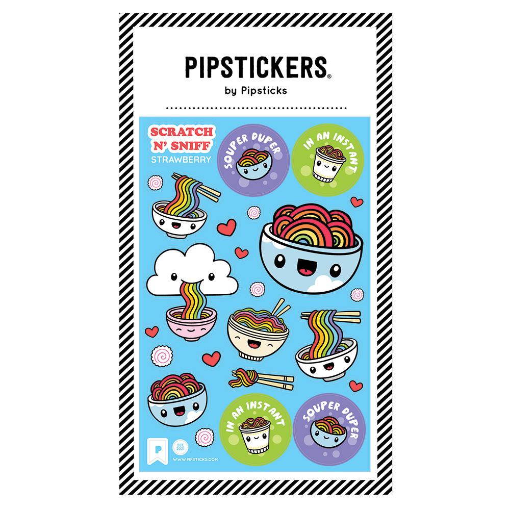 A package of Pipsticks scratch 'n sniff stickers featuring various playful designs with noodles and clouds, and the scent labeled as 'strawberry'.