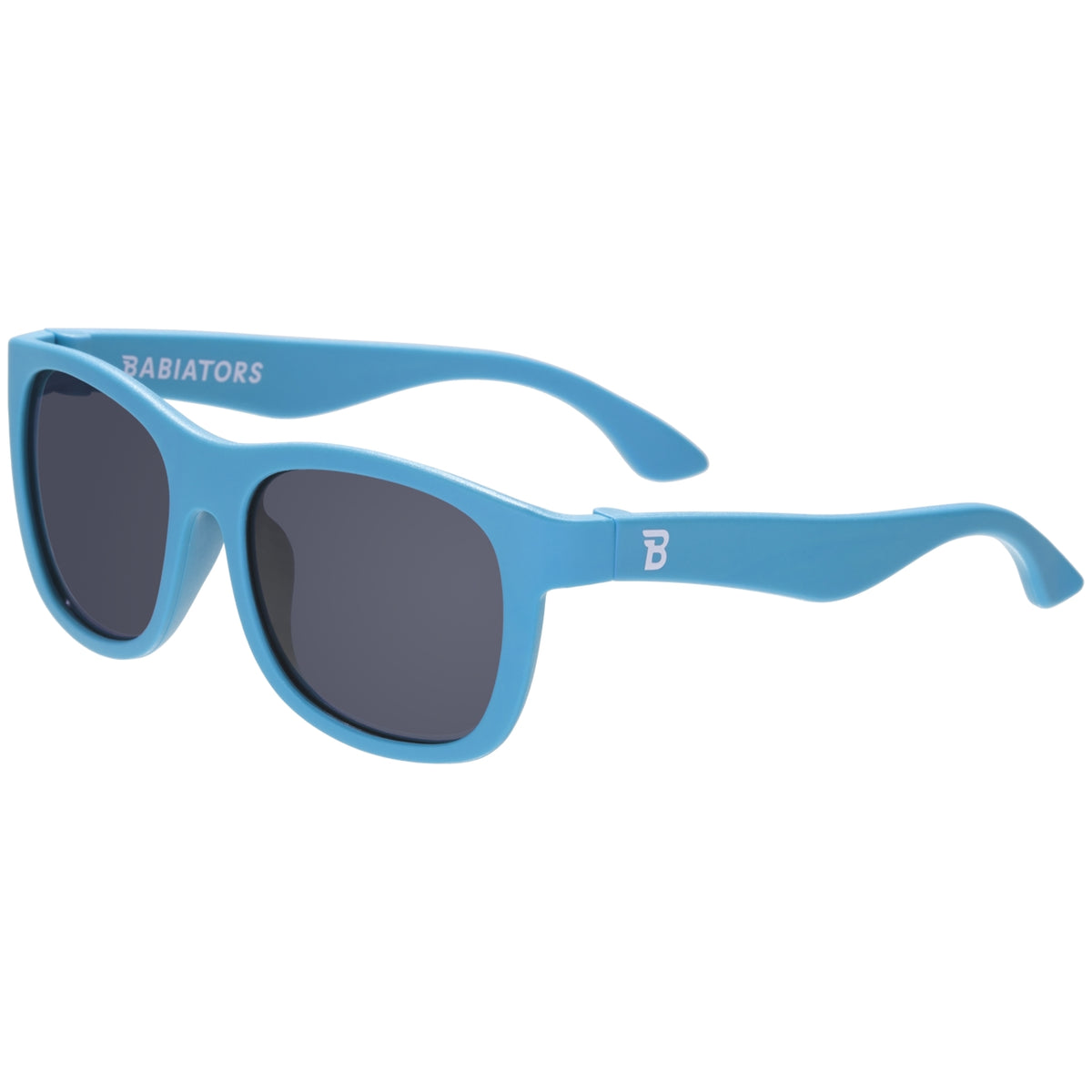 Blue sunglasses with dark lenses on a white background