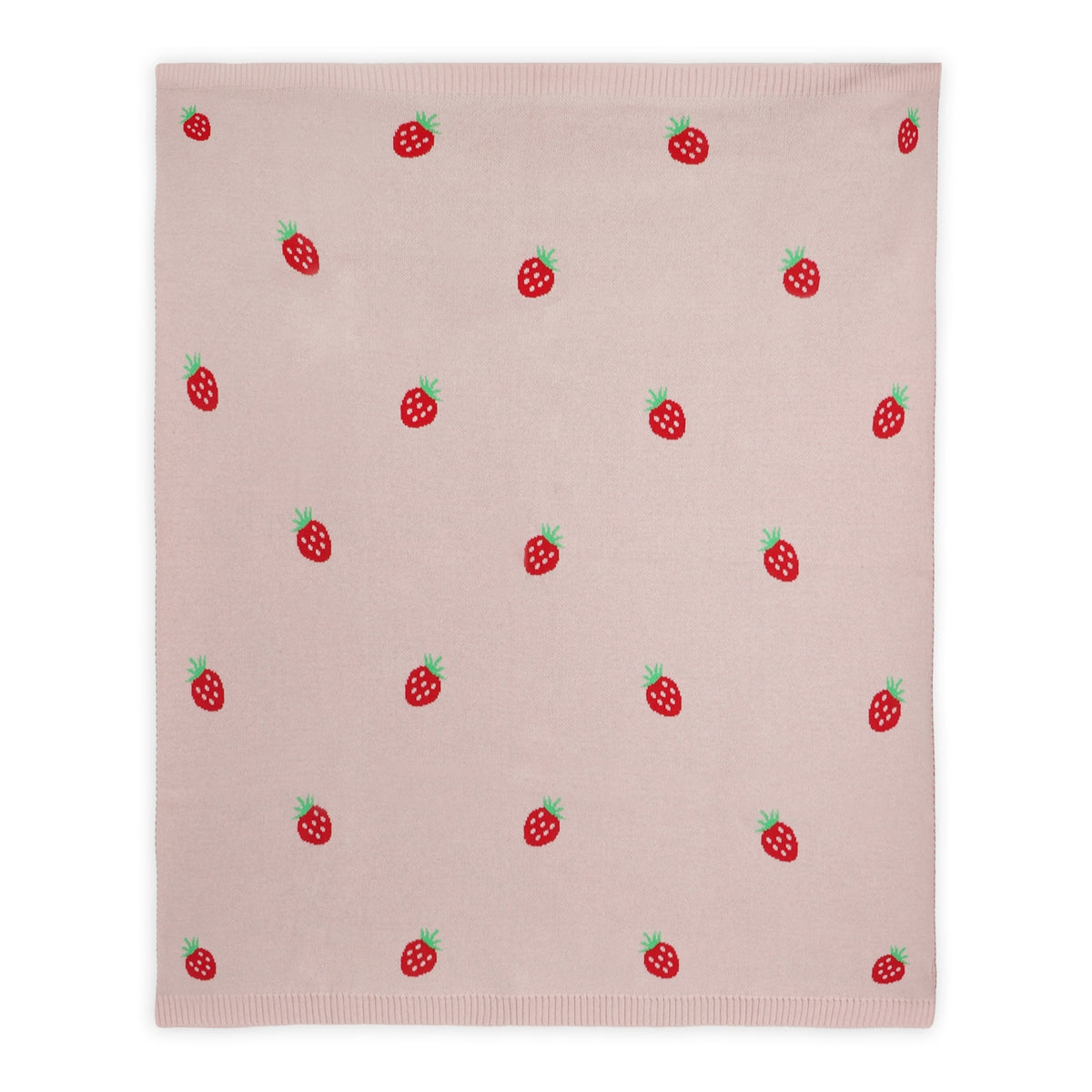 Pink blanket with red strawberry pattern on a white background