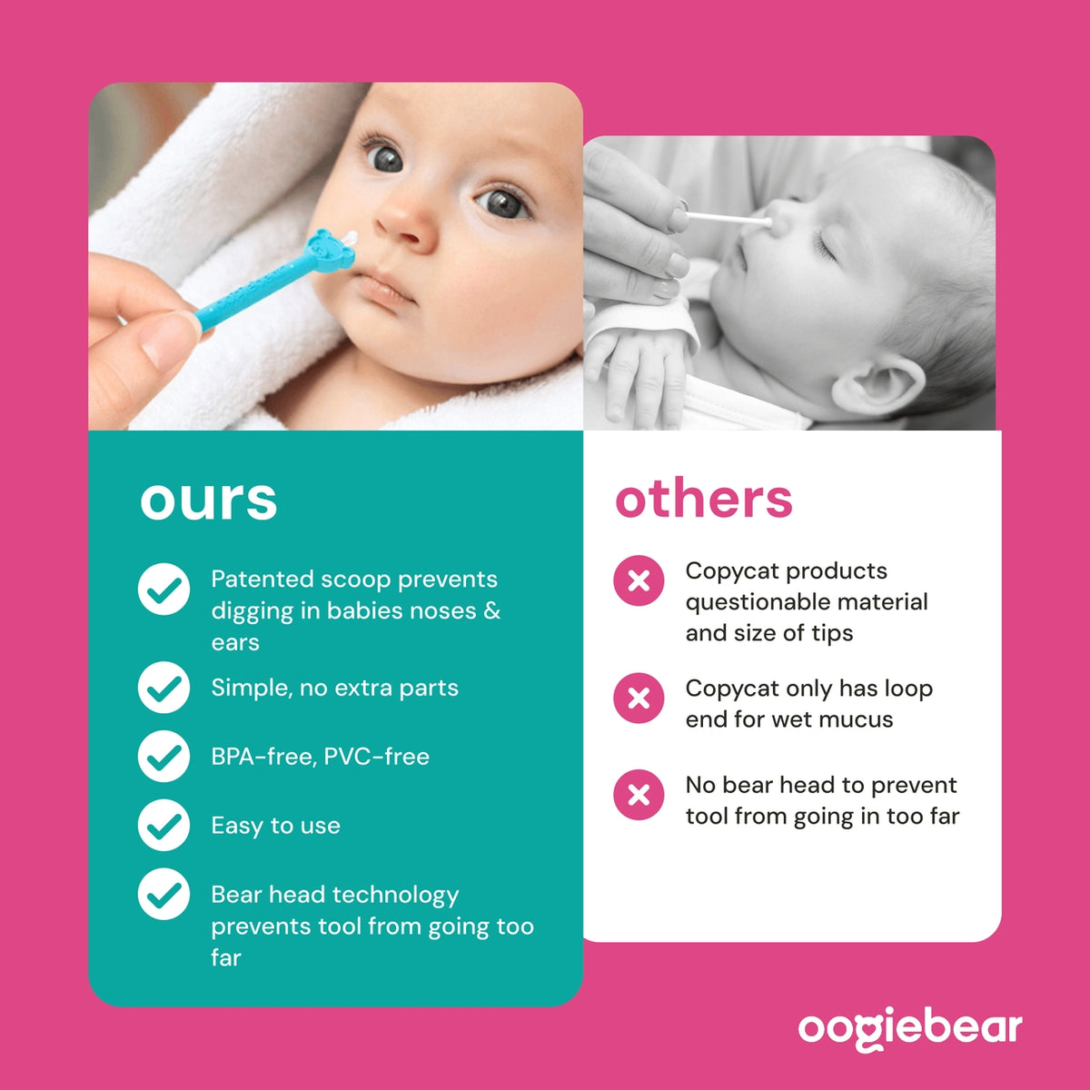 Comparison chart between 'ours' and 'others' baby product features with a pink background.