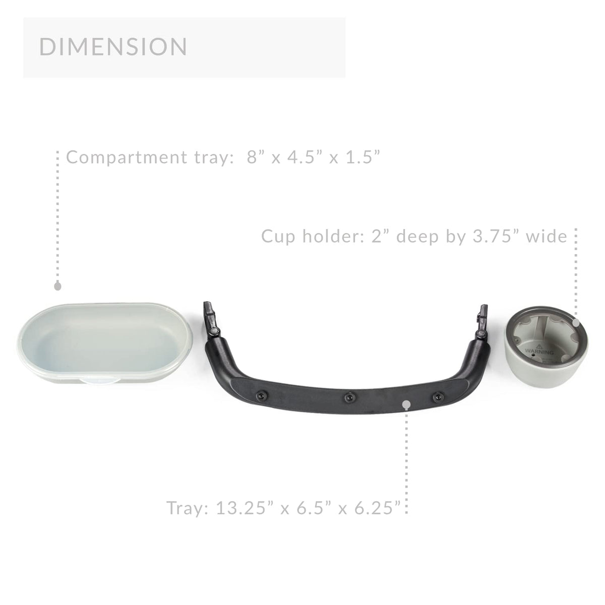 Measurement chart showing dimensions of a compartment tray, cup holder, and tray on a white background.