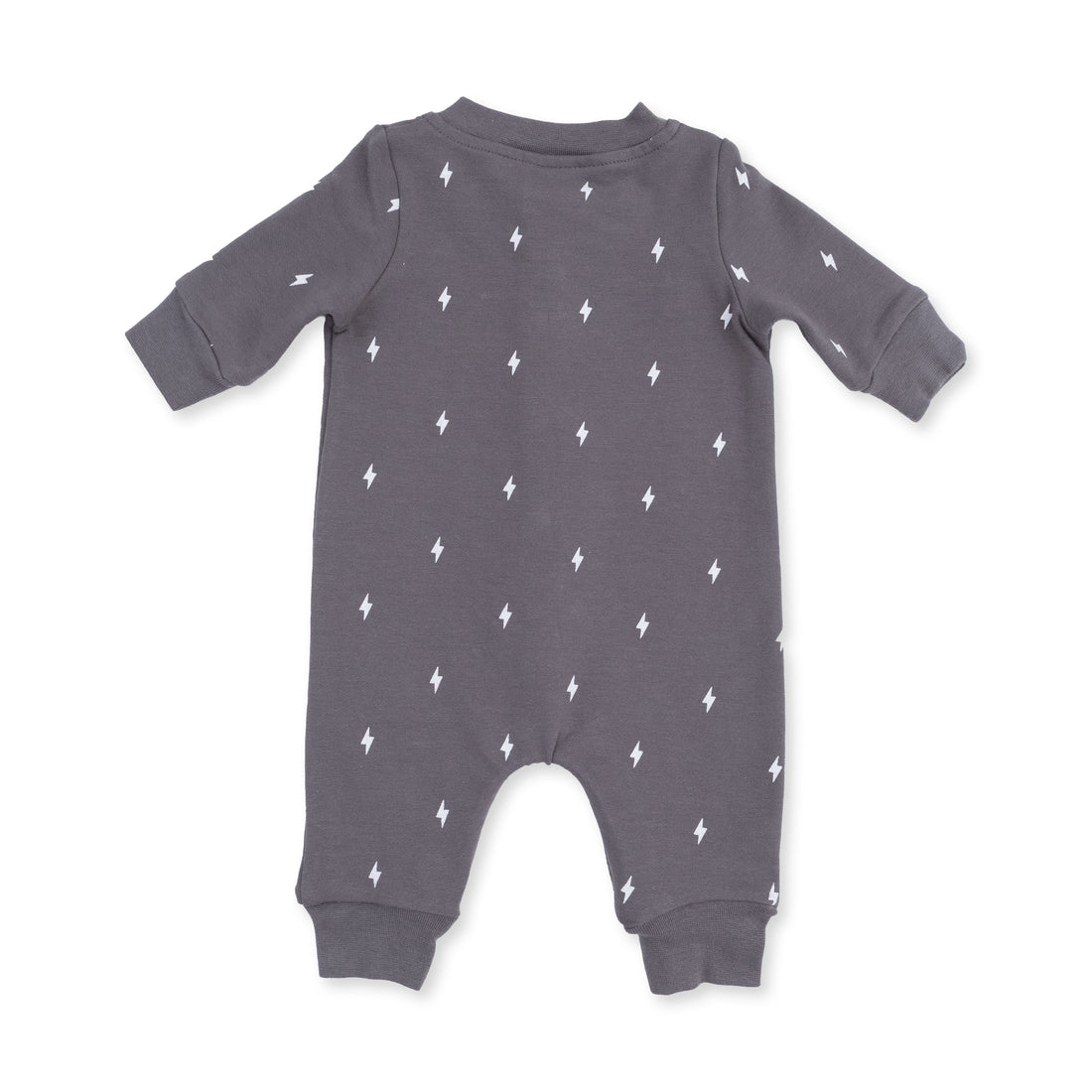 A baby long-sleeve footless romper in dark gray with a small white lightning bolt pattern, shown flat on a white background.