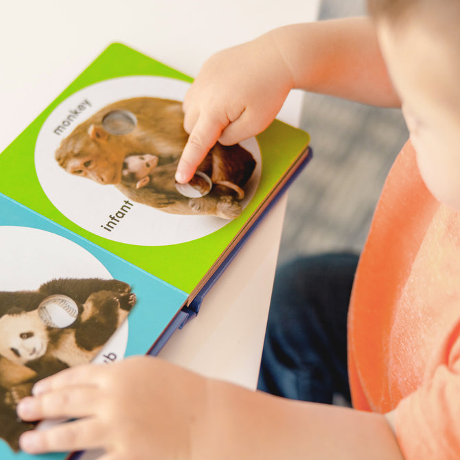 Child interacting with a children's book featuring animal illustrations