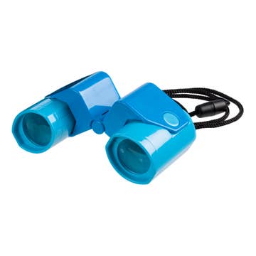 Blue binoculars with a black cord on a white background