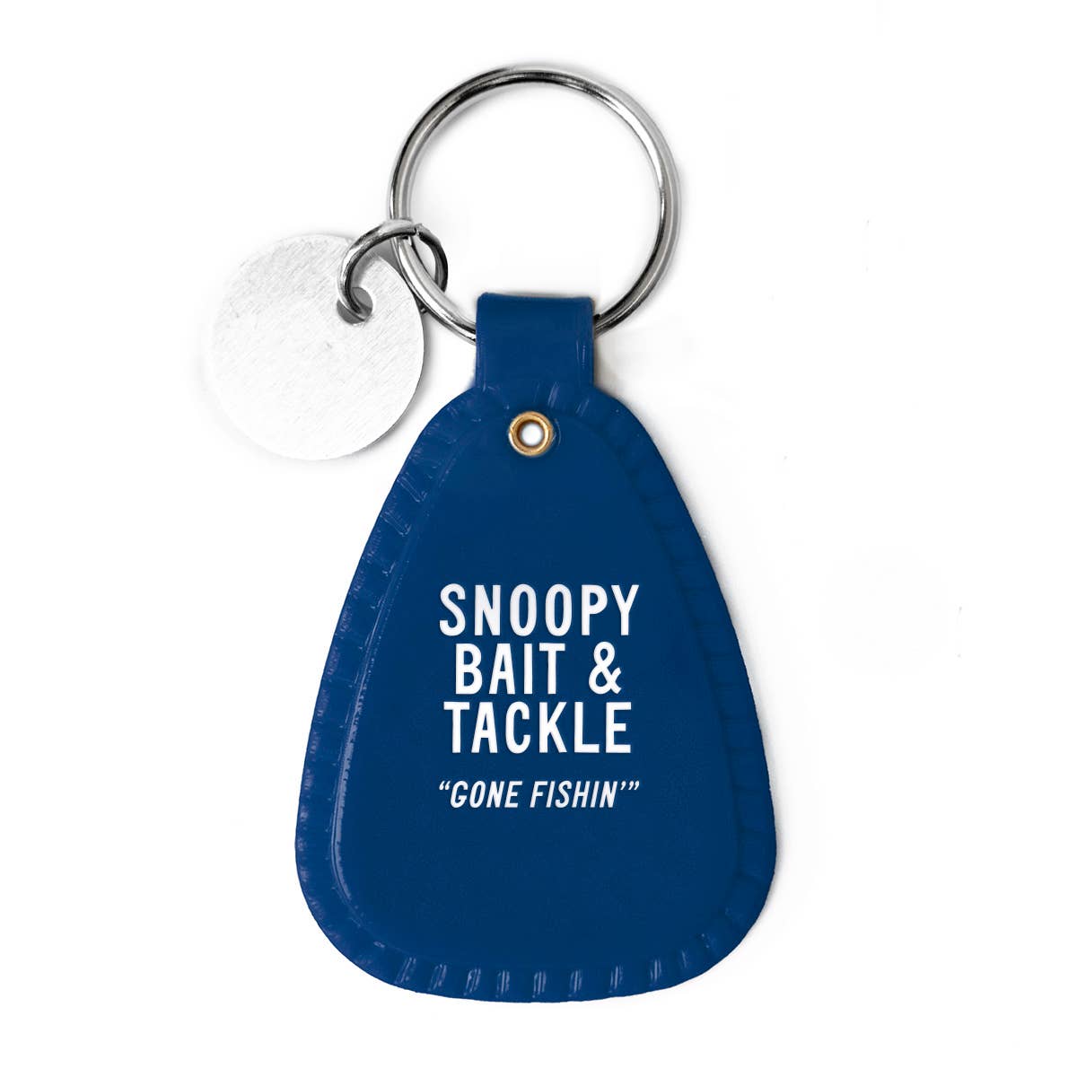 Blue keychain with 'Snoopy Bait & Tackle' text on a white background