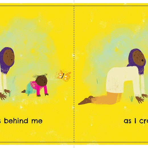 Illustrated book page with two figures and a child on a yellow background