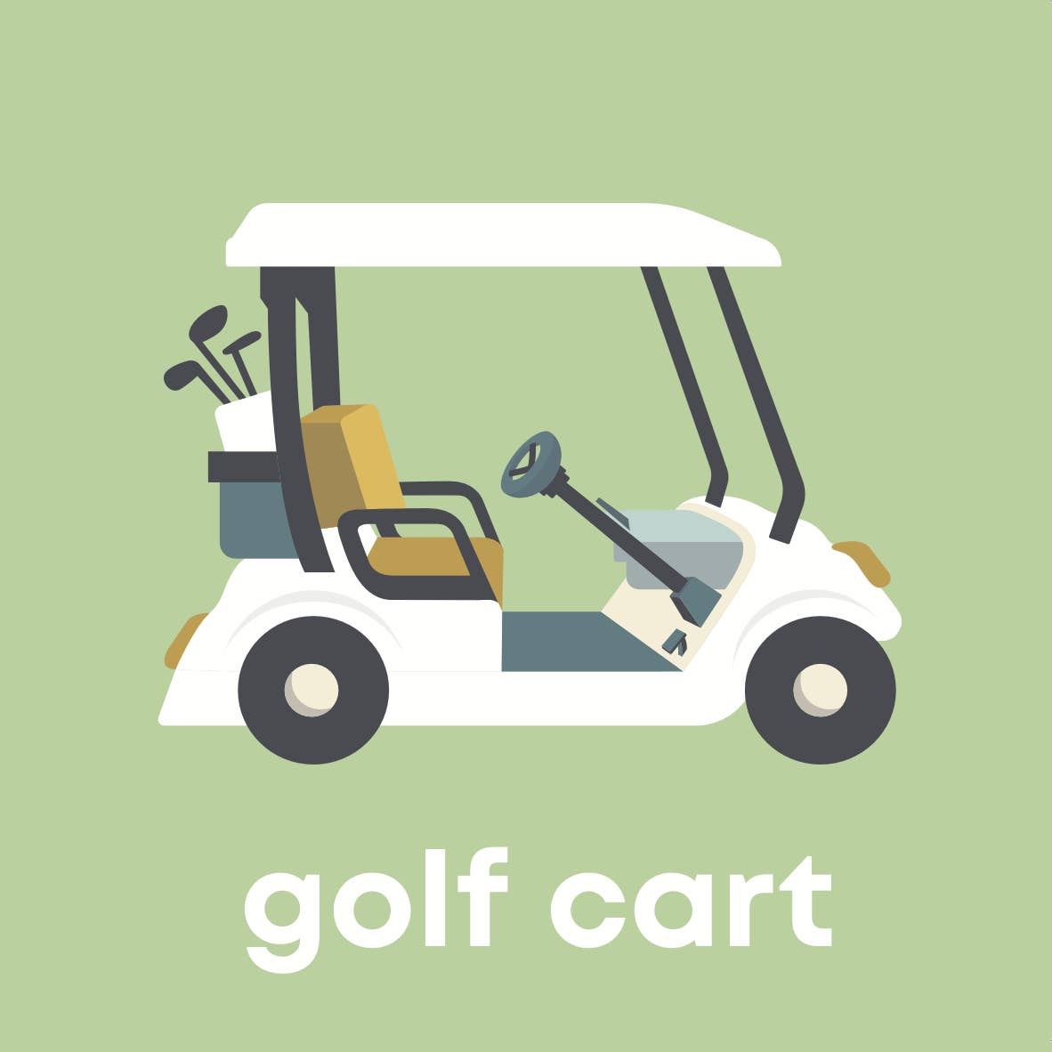 Illustration of a golf cart with clubs on a light green background