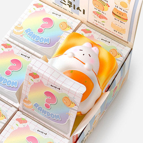 Squishy toy with packaging featuring colorful designs and text