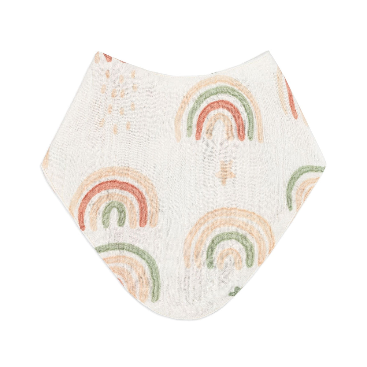 A white muslin baby bib featuring a repeating pattern of pastel rainbow arches in peach, green, and orange, shown on a solid white background.