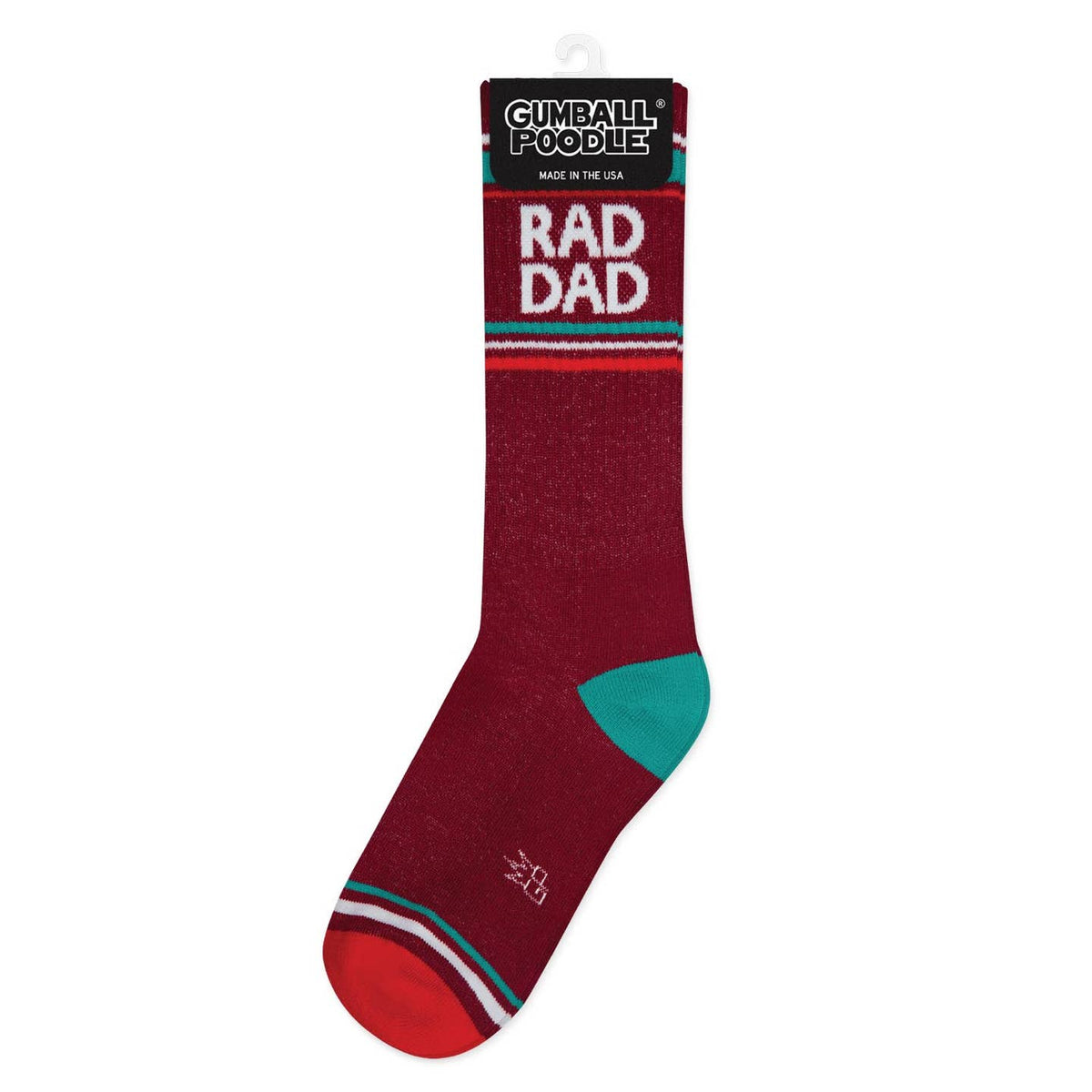 Maroon sock with 'Rad Dad' text and Gumball Poodle branding on a white background