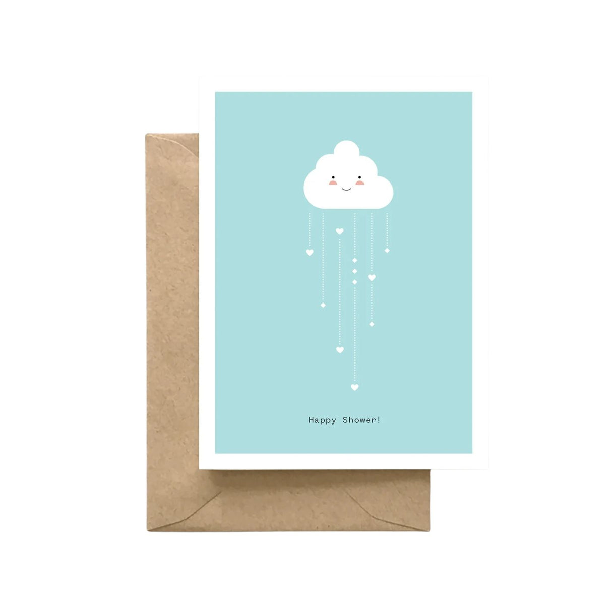 Card with a cloud design and 'Happy Shower!' text, accompanied by a brown envelope on a light gray background.