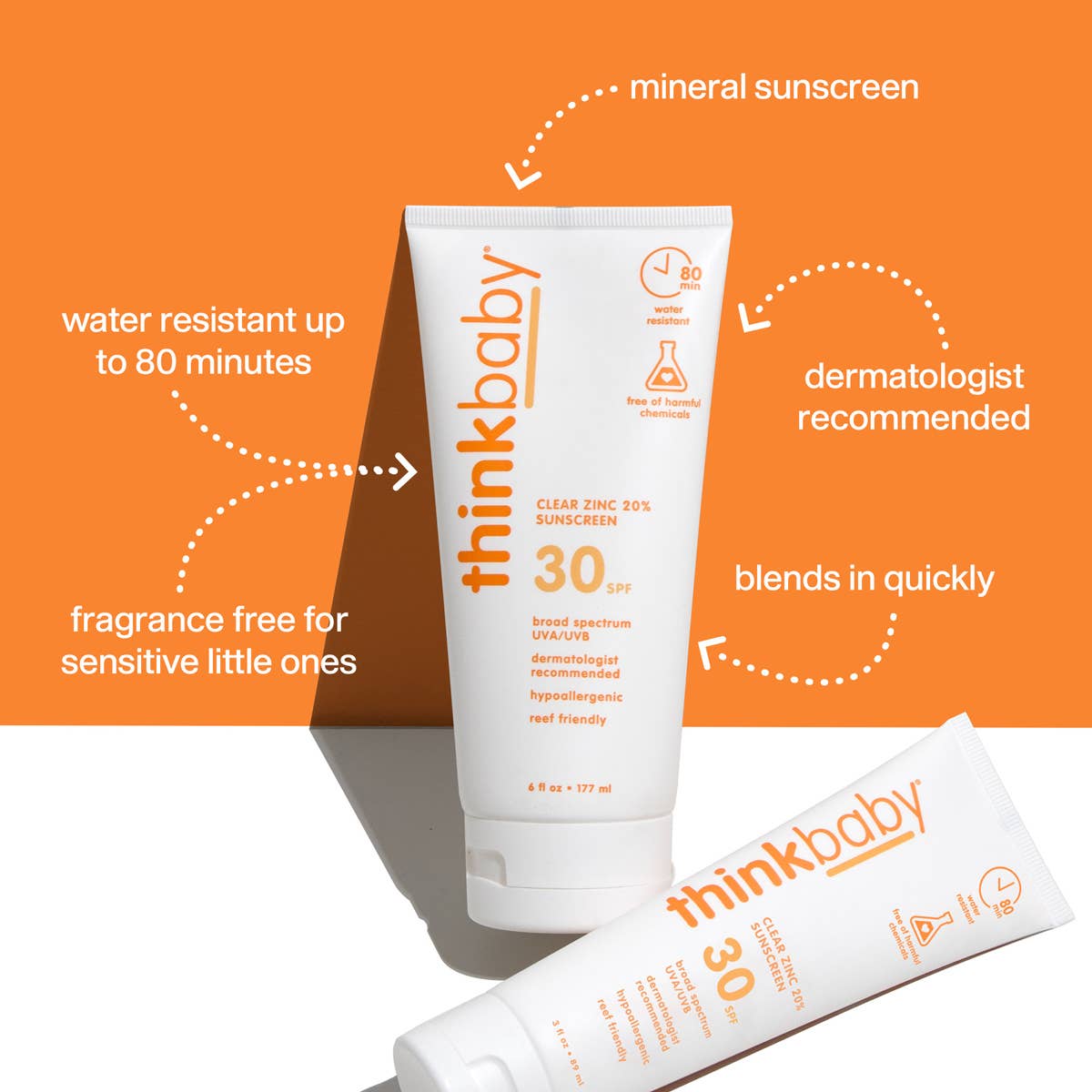 thinkbaby sunscreen tube with features highlighted on an orange background