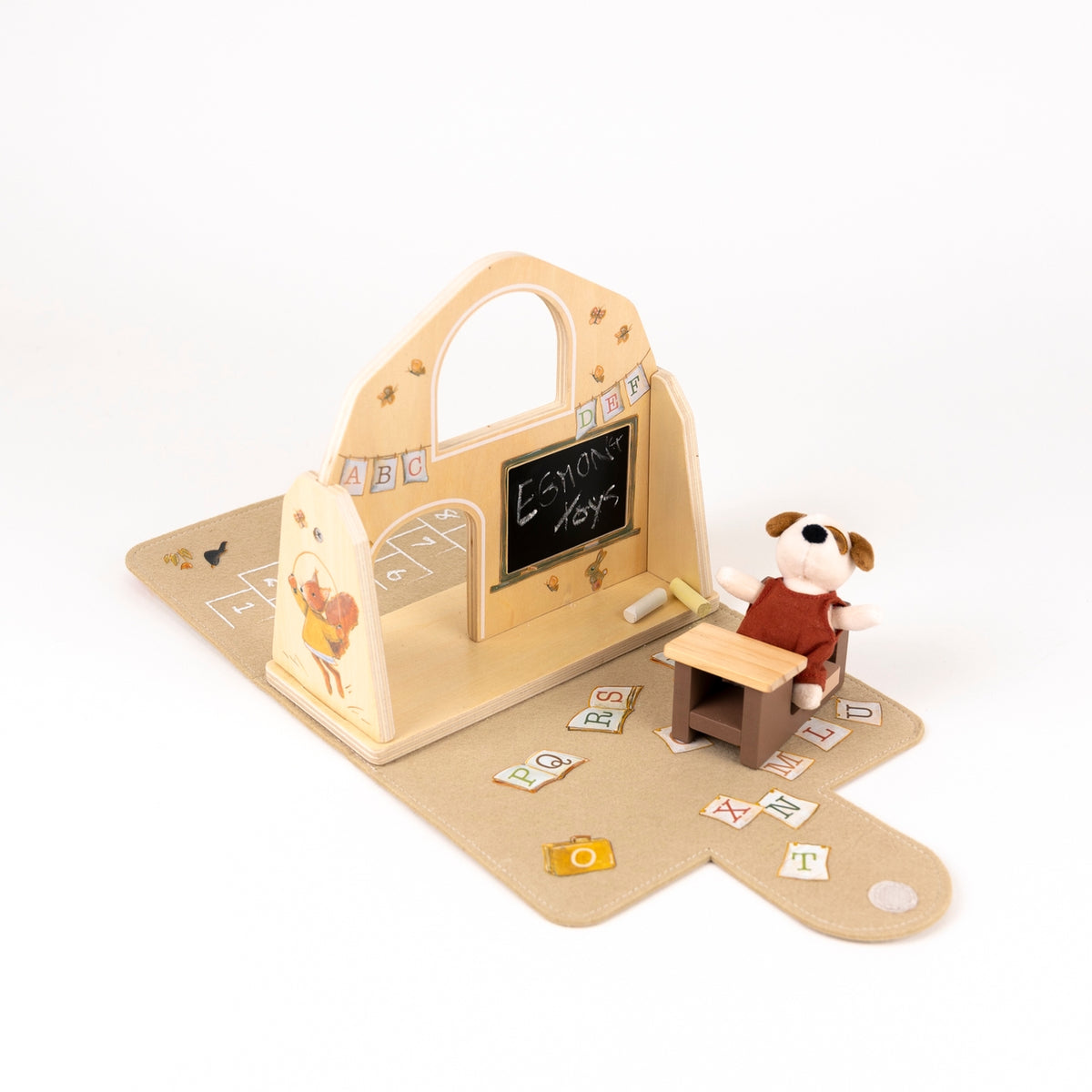 Wooden toy set with a teacher's desk, blackboard, and teddy bear on a white background