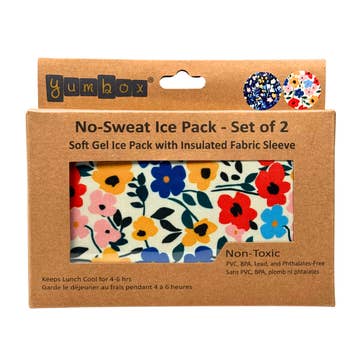 Packaging of a no-sweat ice pack set with floral design on a cardboard background