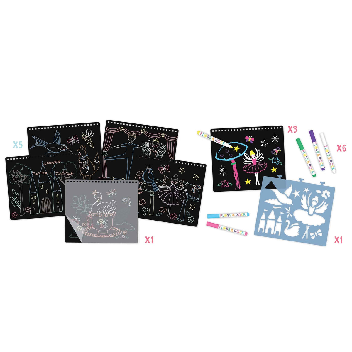 Set of scratch art books with colorful scratch tools on a white background