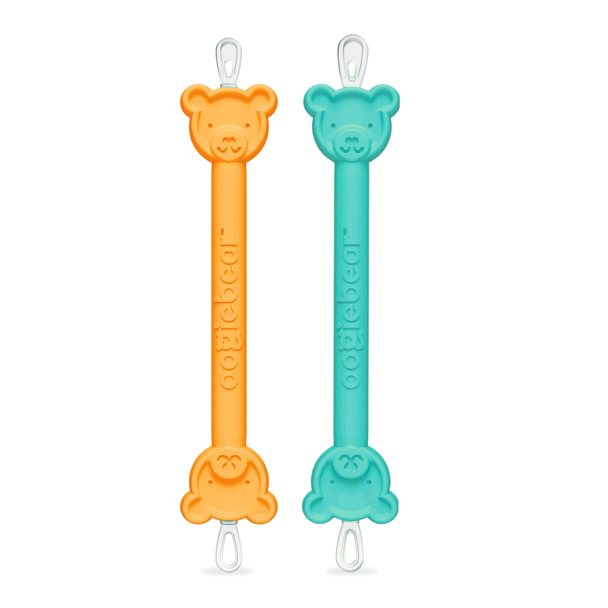 Two bear-shaped pacifier holders, one orange and one teal, on a white background.