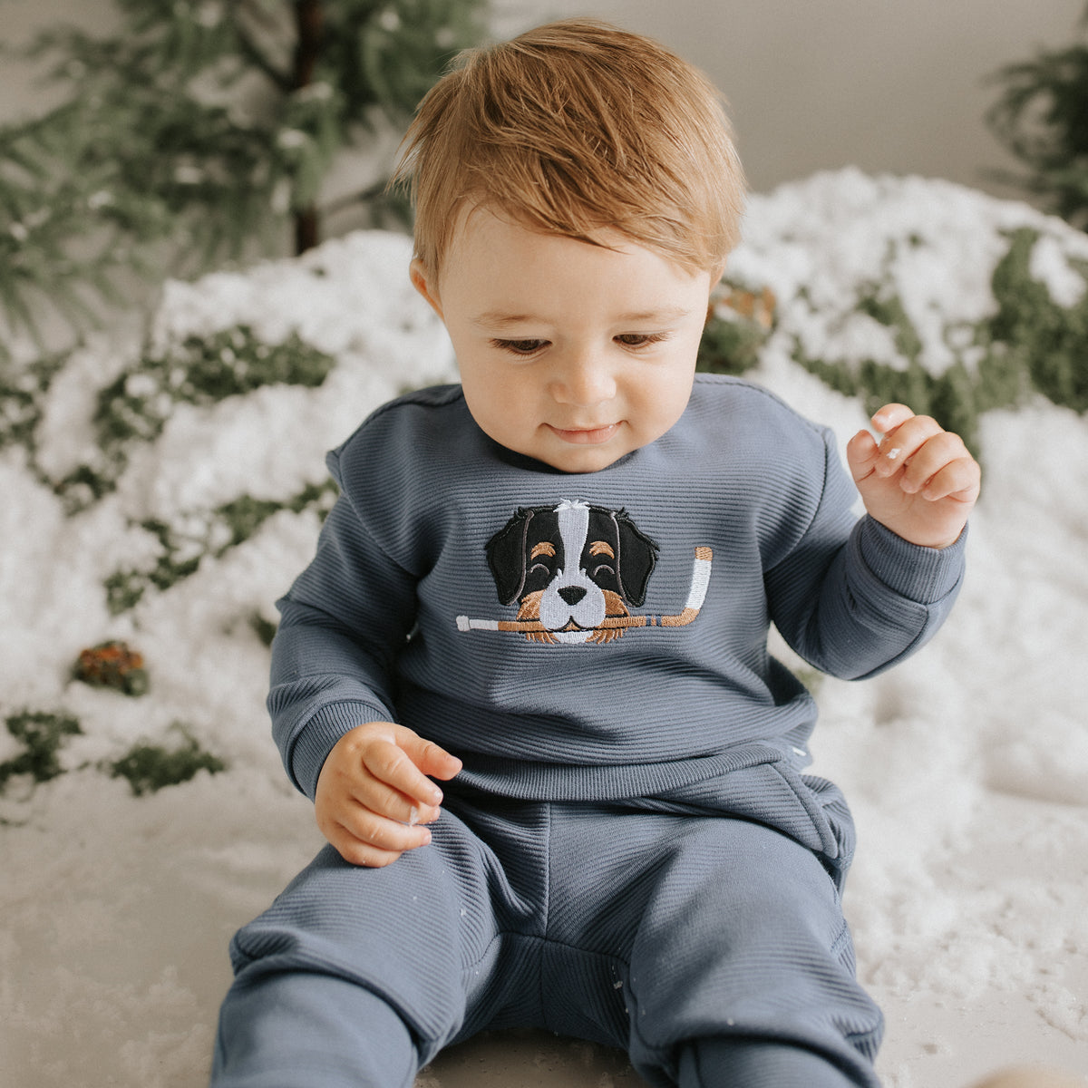 A baby wearing a slate blue ribbed two-piece outfit with a Bernese mountain dog graphic holding a hockey stick, sitting in a snowy setting.