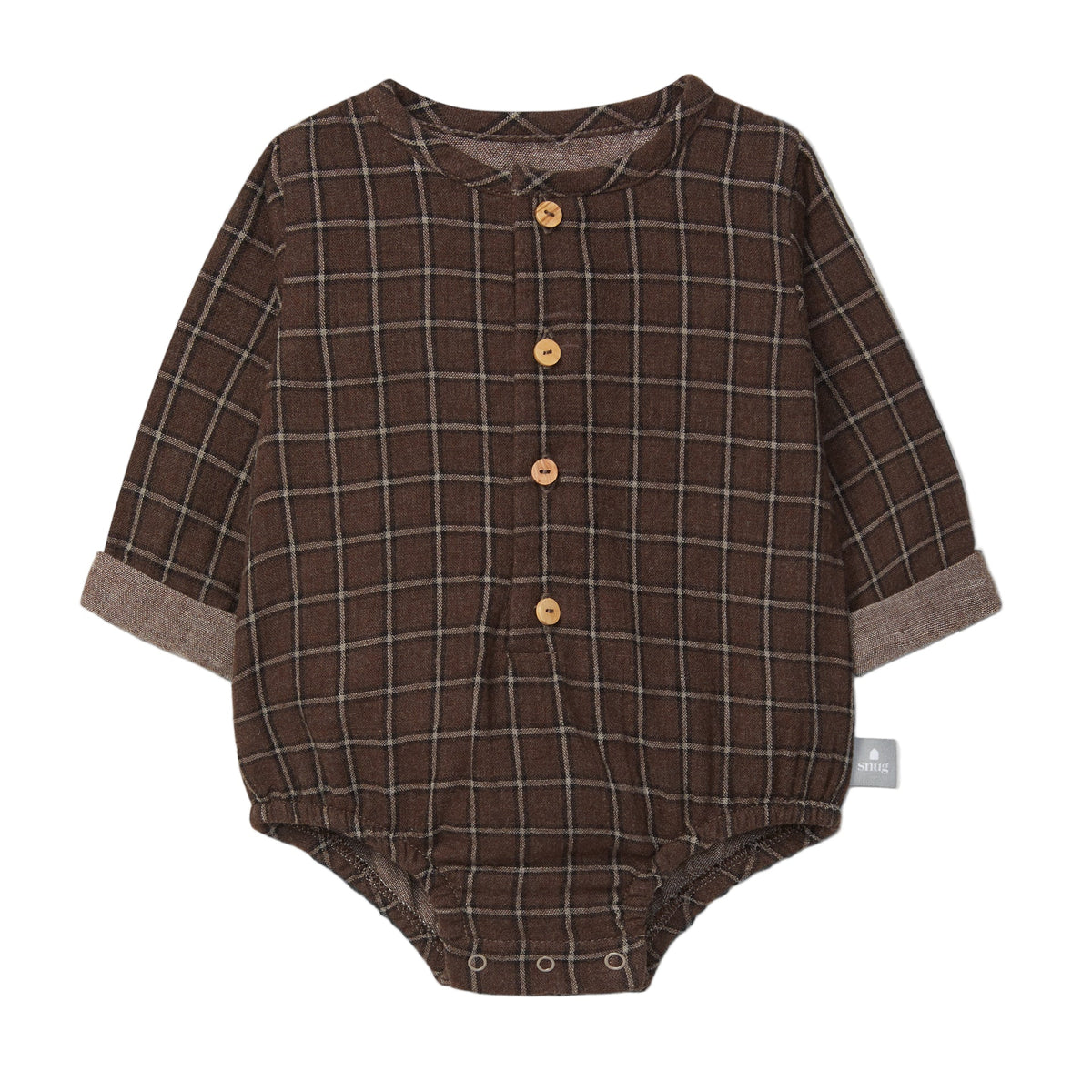 A long-sleeve baby romper in brown with a beige windowpane plaid pattern, featuring a button-up front and cuffed sleeves, shown on a plain white background.