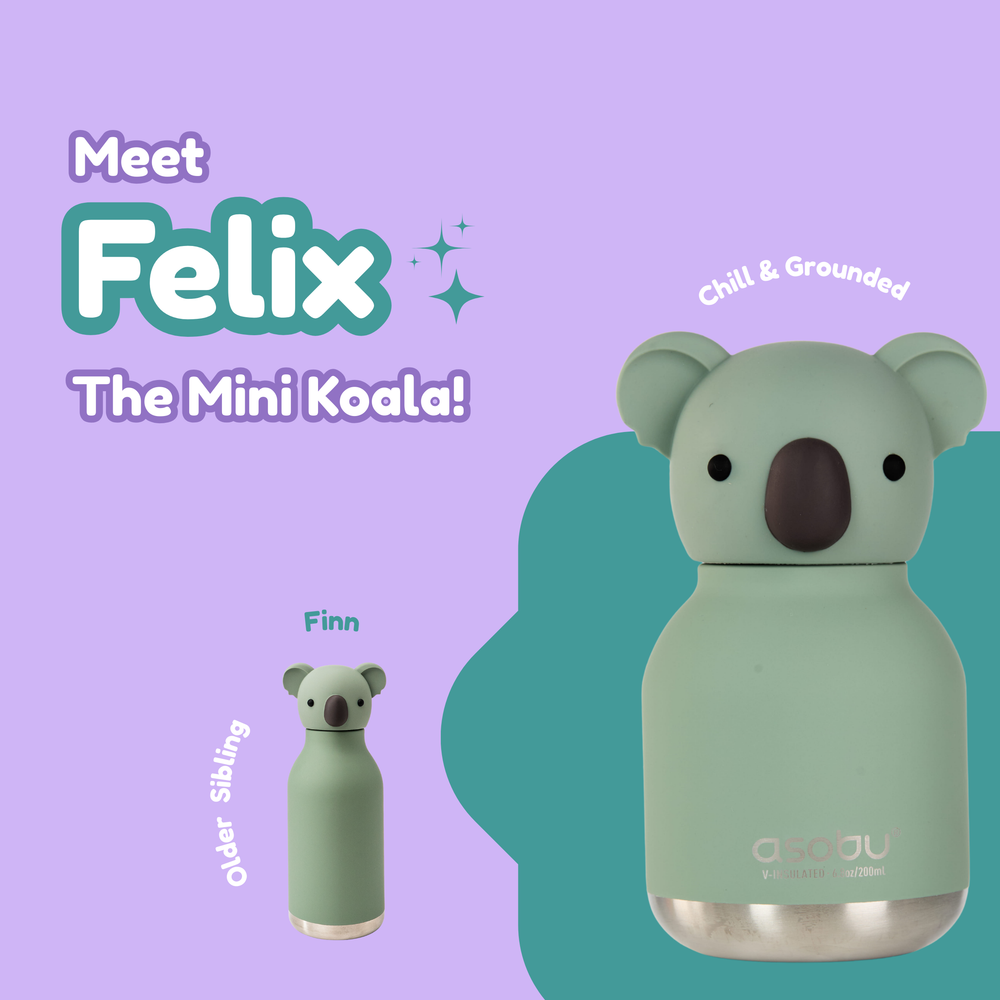 Green koala-shaped bottle with 'Felix' and 'The Mini Koala' text on a purple background
