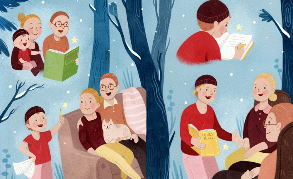 Illustration of children reading books together in a cozy setting with trees and stars.