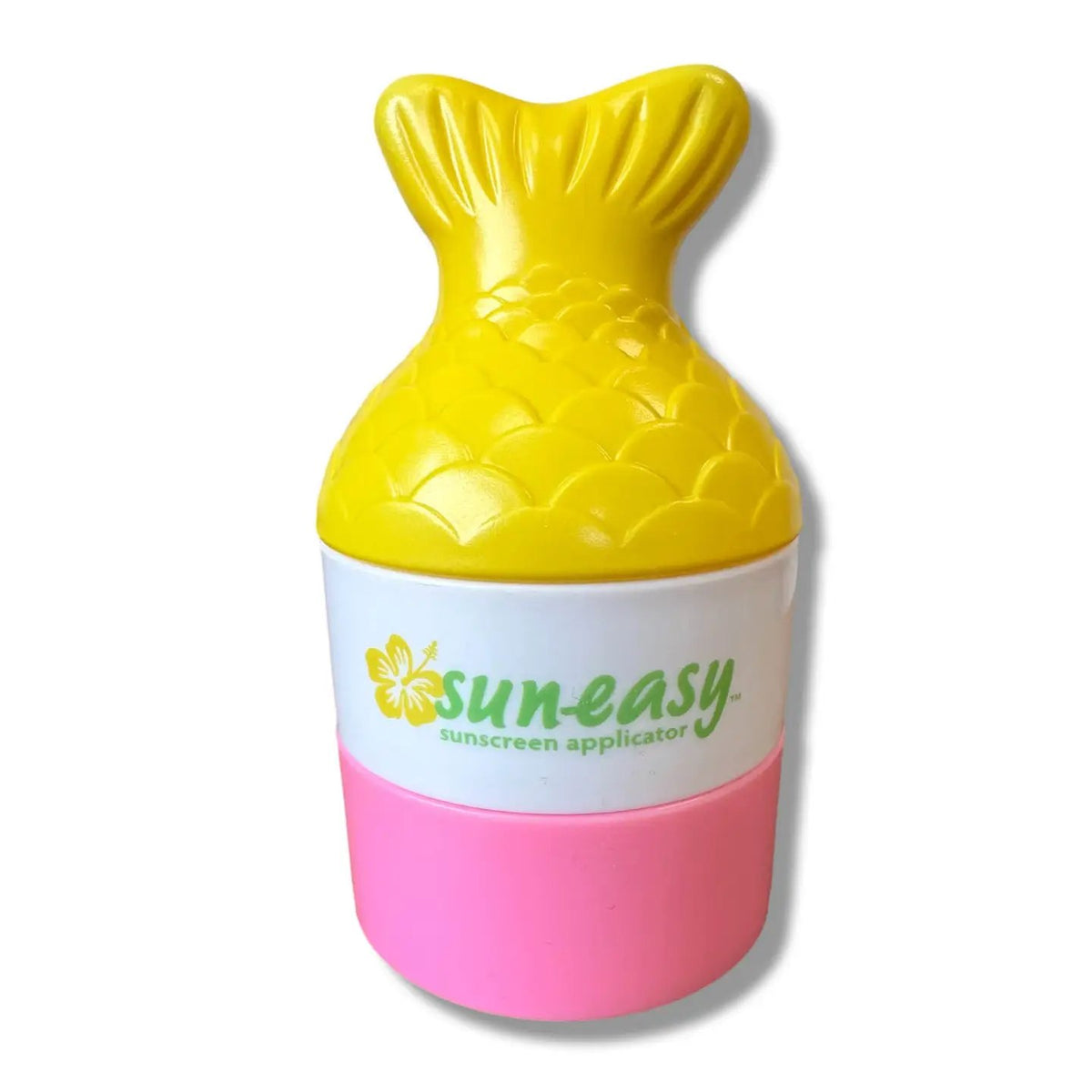 Sun-easy sunscreen applicator with yellow top and pink bottom on a white background