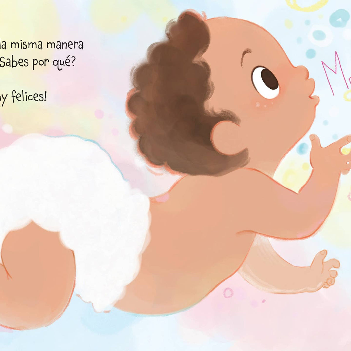 Illustration of a baby in a diaper with text in Spanish on a colorful background