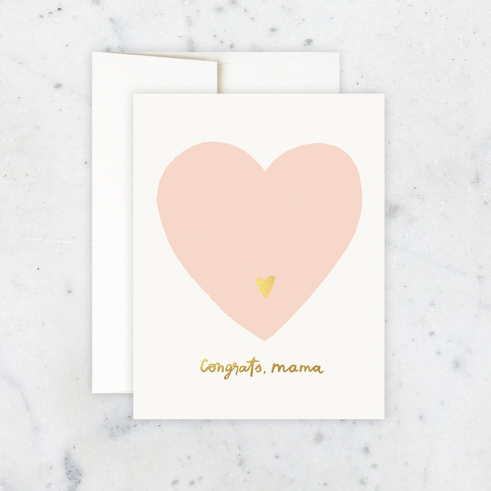 Greeting card with a pink heart and 'Congrats, mama' text on a white background