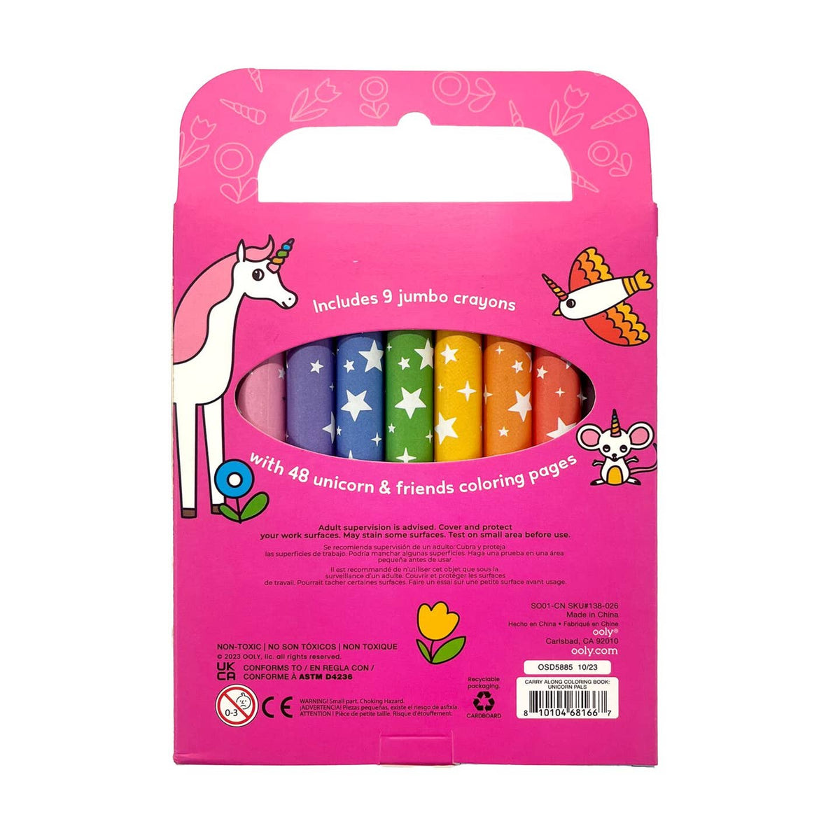 Pink packaging of jumbo crayons with unicorn illustrations on a white background