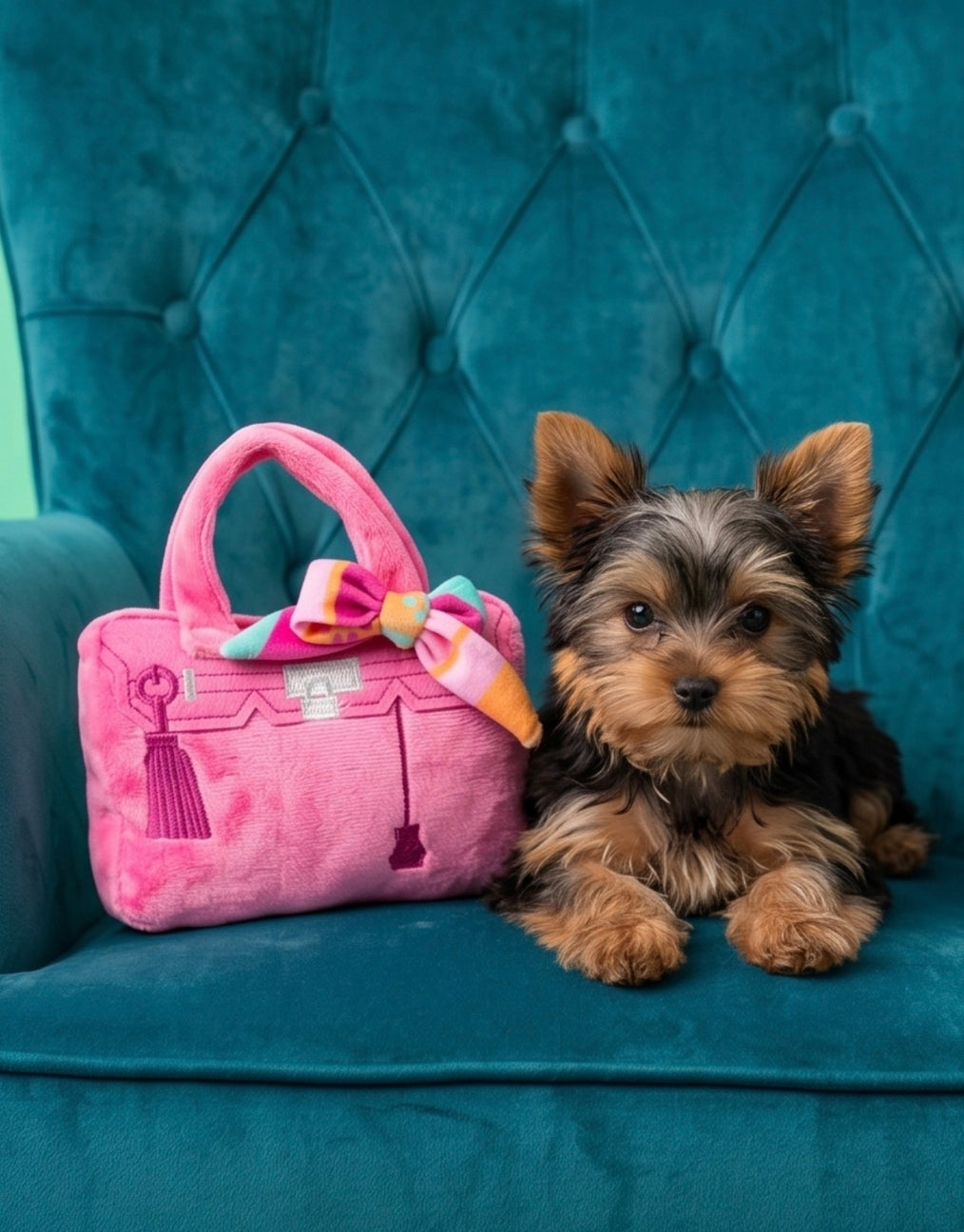 Small dog sitting next to a pink plush handbag with a bow on a teal chair.