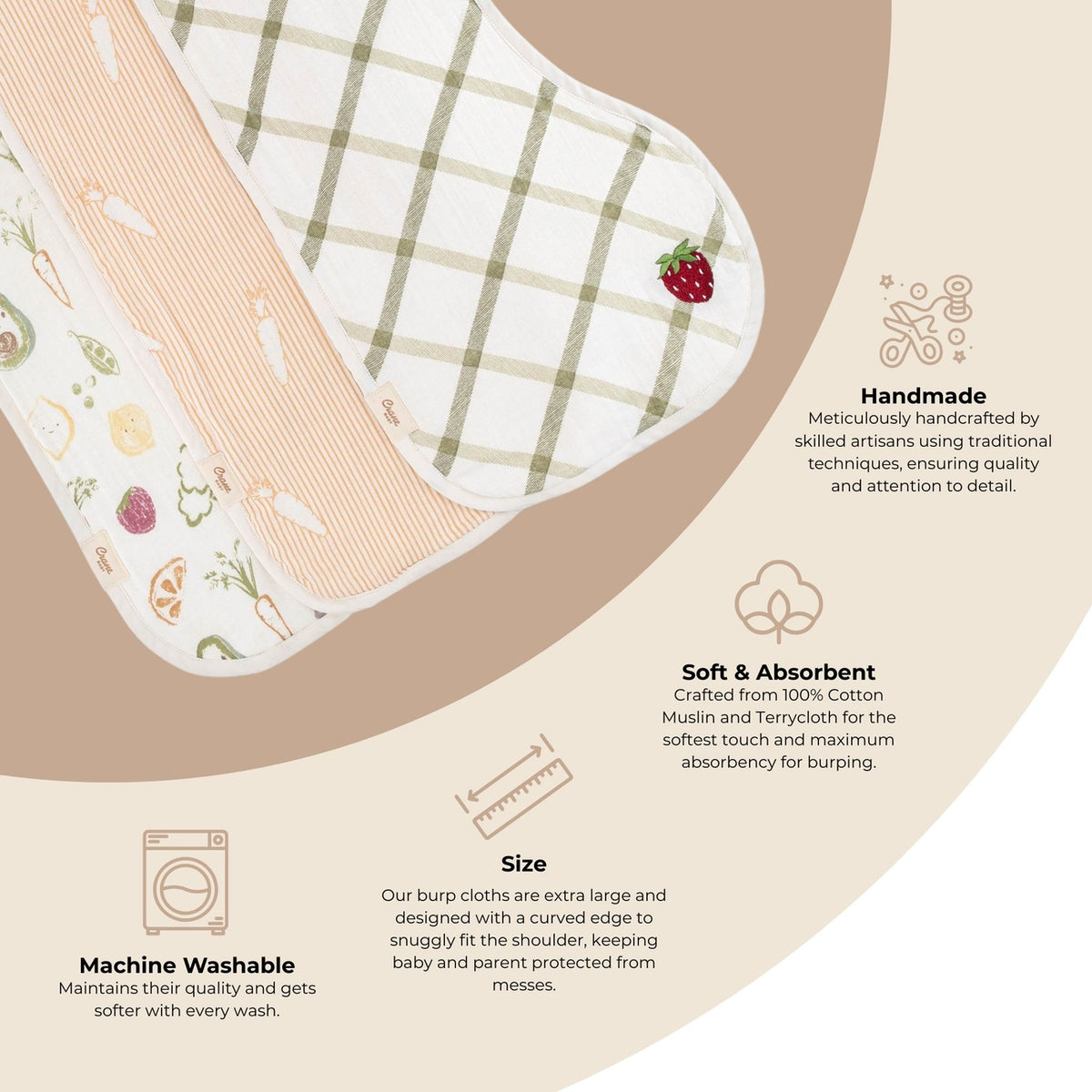 Baby burp cloth with illustrations on a beige background, featuring text about its features.