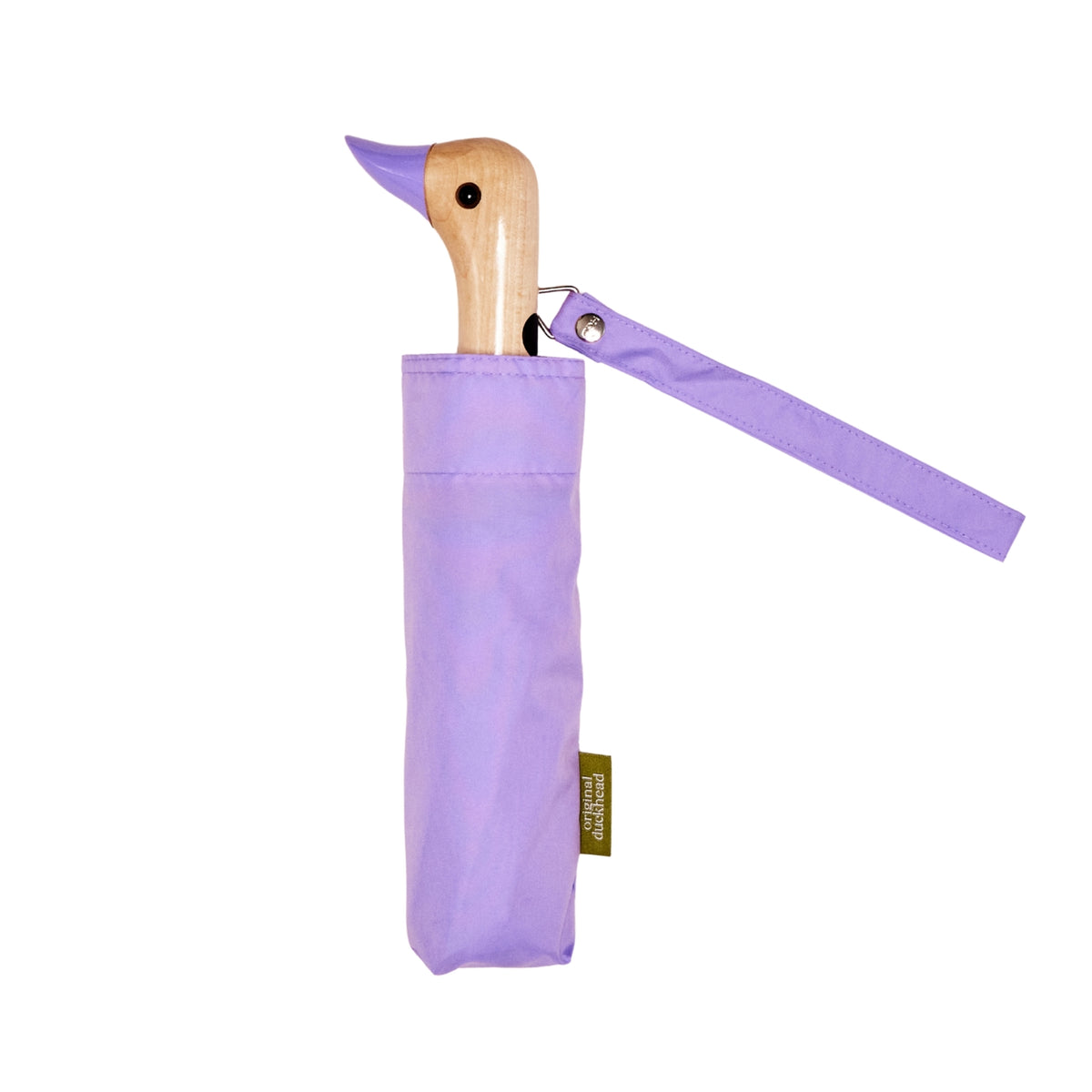 Purple umbrella with wooden handle on a white background