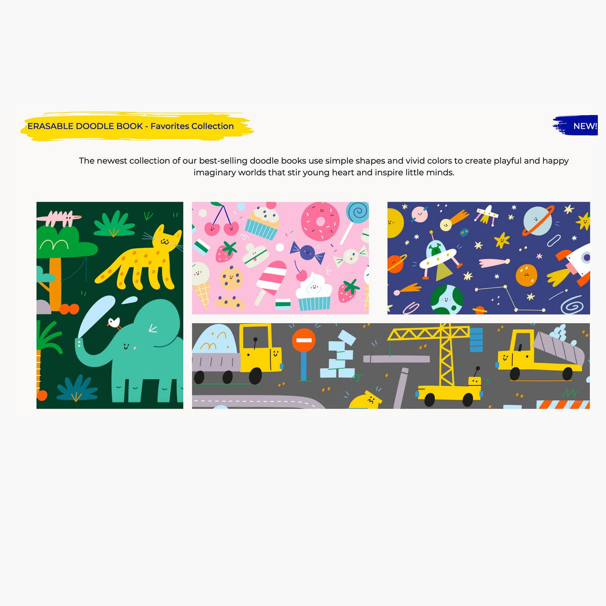 A promotional graphic for the Erasable Doodle Book Favorites Collection, featuring six colorful children's book covers arranged in a grid on a white background with descriptive text above.