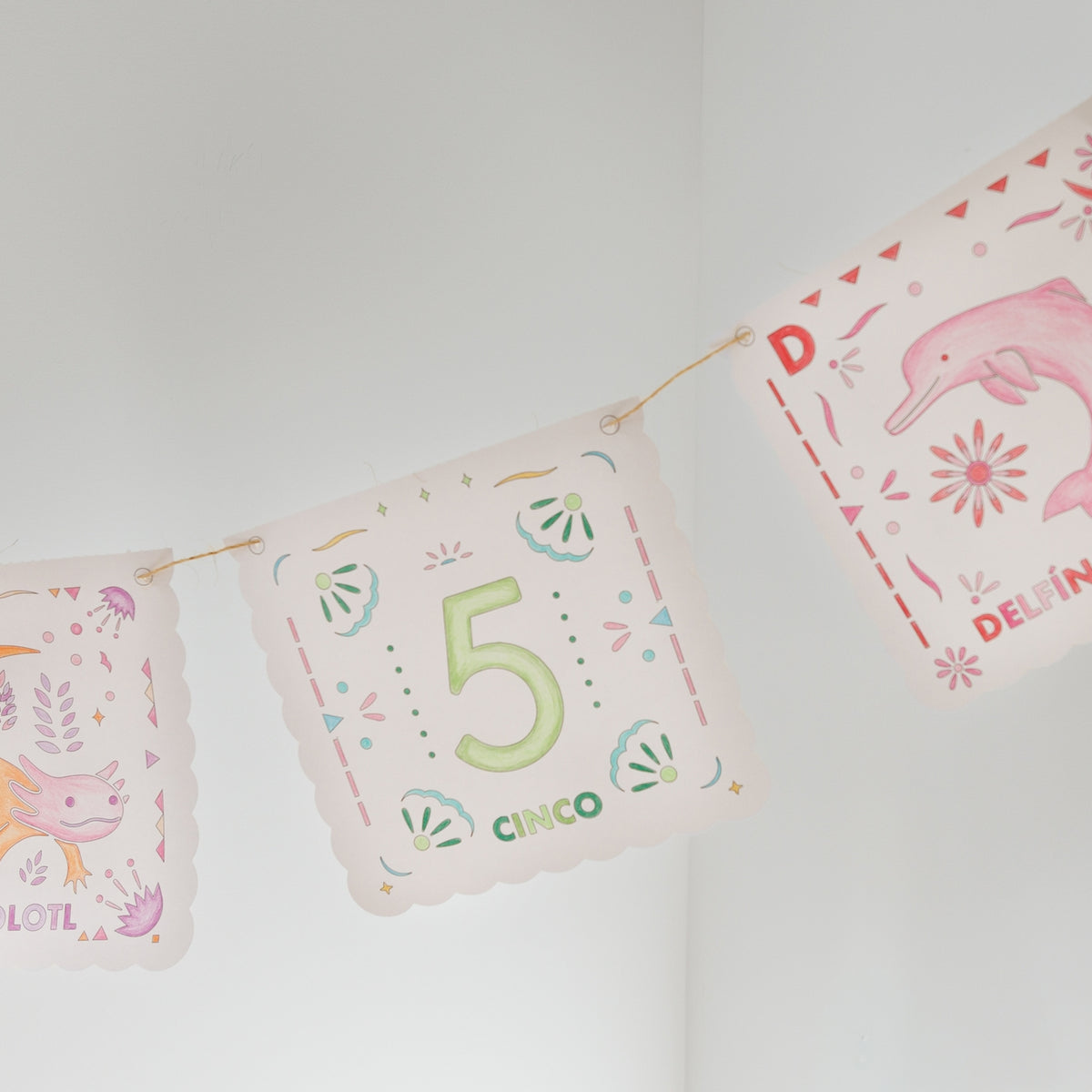 Three decorative hanging pennants strung together against a plain light wall. The center pennant shows the number 5 in green with the word Cinco, and the side pennants have pastel illustrations with text including AXOLOTL and DELIN ROSSO.