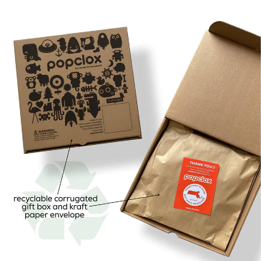 Recyclable corrugated gift box with kraft paper envelope and popclox branding.