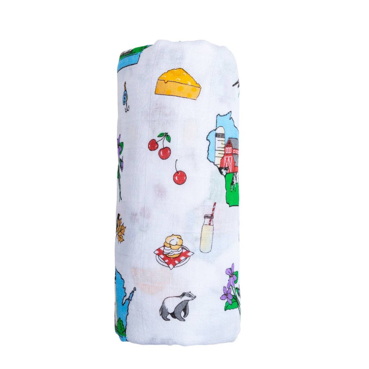Rolled-up fabric with colorful cartoon designs on a white background